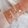 6pcs Trendy Flower Tassel Bead Bracelets for Women, Adjustable Charm Leaf Geometric Jewelry Set