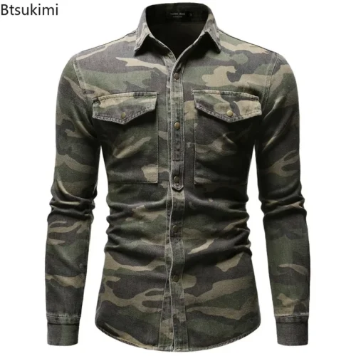 New 2024 Men's Denim Shirts Fashion Soft Lapel Camouflage Shirt Jacket Man Casual Slim Outdoor Climbing Cowboy Tops Shirt Male