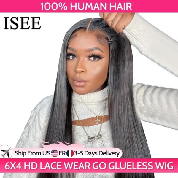 ISEE Hair Glueless Wig Human Hair Ready To Wear Straight Glueless Preplucked Wear And Go Wigs 6X4 HD Lace Front Wigs PreCut Lace