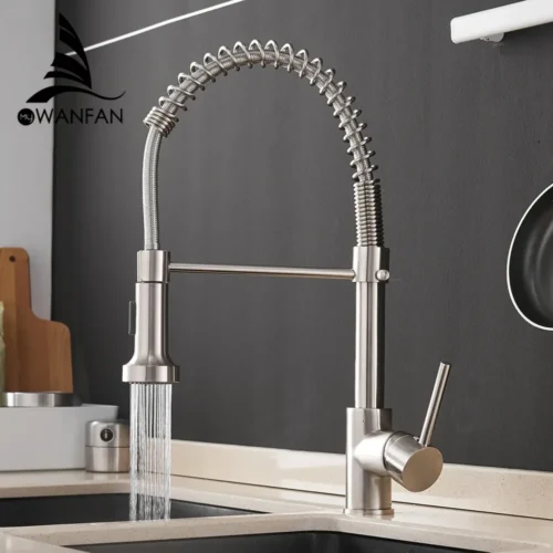 Kitchen Faucets Brush Brass Faucets for Kitchen Sink Single Lever Pull Down Spring Spout Mixers Tap Hot Cold Water Crane 9009