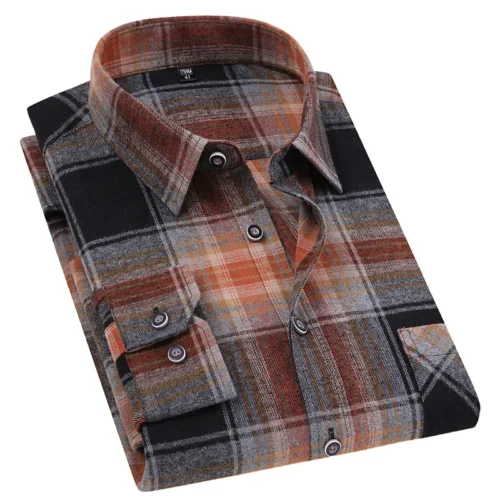 Men's 100% Pure Cotton Flannel Soft Regular-fit Long Sleeve Brushed Shirt Single Pocket Comfortable Casual Plaid Shirts S-8XL